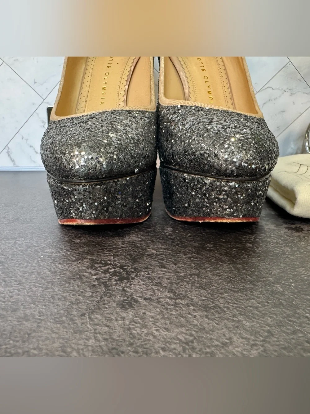 Charlotte Olympia Grey Glitter Dolly Platform Pumps Heels, Size 38